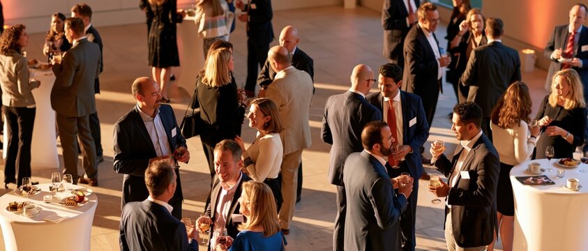 Networking reception with business guests mingling and holding drinks under warm lighting
