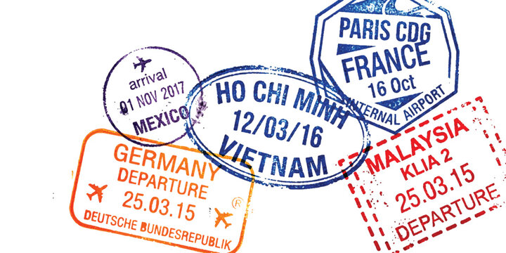 Various international passport stamps from travel destinations around the world