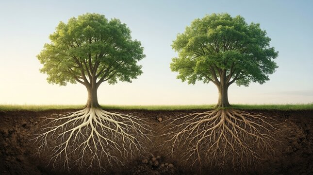 Two trees with exposed roots in a field during daylight hours