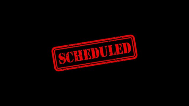 Red rubber stamp effect with scheduled text animation on black background, for business planning
