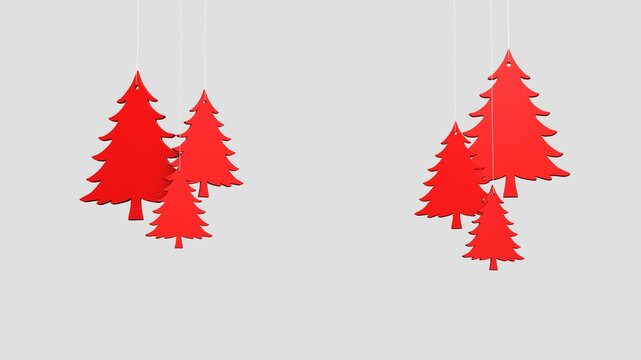 Hanging red Christmas tree decorations on light background, copy space, 3D render