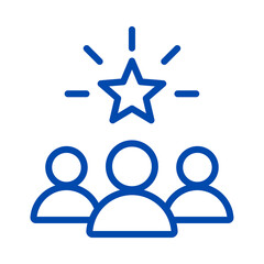 Blue linear icon of three human figures with a shining star above transparent background