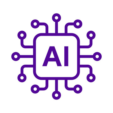 Purple artificial intelligence microchip icon with digital circuit board connections transparent background