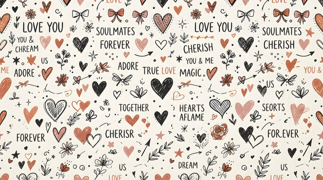 Romantic doodle pattern with hearts and love typography for Valentine background design