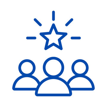 Blue linear icon of three human figures with a shining star above transparent background