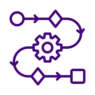 Purple outline icon of a workflow diagram with a gear symbol transparent background