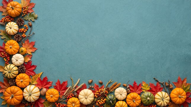 Pumpkin with autumn red yellow leaf buttom border