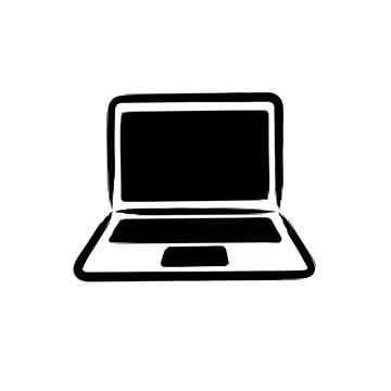 Minimalist black hand drawn laptop illustration isolated on white background for technology apps.