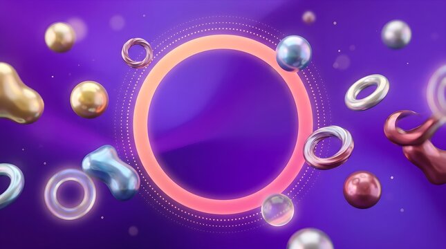 Abstract colorful rings and spheres floating in a vibrant purple space