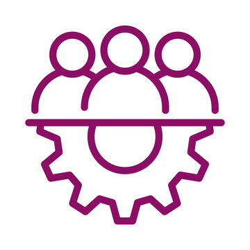 Purple outline icon showing three people heads combined with a mechanical gear symbol transparent background
