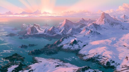 Fototapeta premium Majestic Anime Landscape of Snowy Mountains and Turquoise Sea Under a Dreamy Pastel Sunset Sky