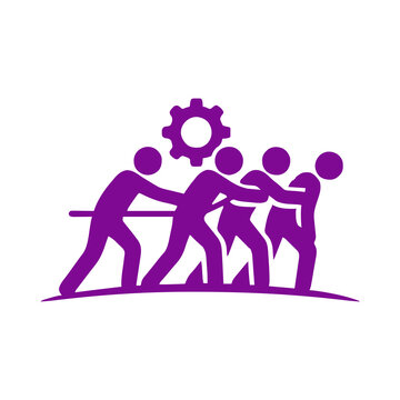 Purple silhouette icon showing group of people pulling a heavy gear together transparent background