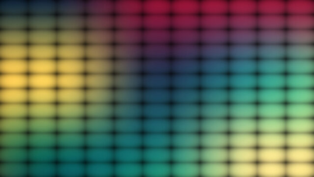 Abstract digital background featuring a grid of soft glowing rounded rectangles with a vibrant rainbow gradient transition for a modern technological and futuristic design.