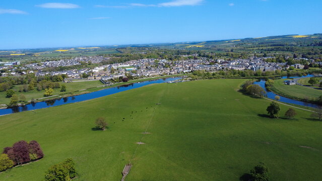 Aerial View of the Historic Market Town of Kelso and River Tweed in the Scottish Borders, UK