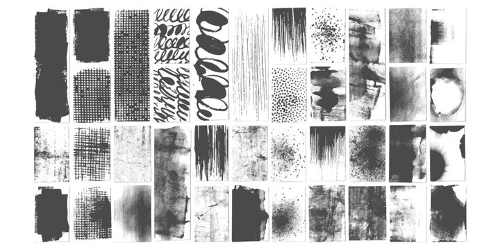 Set of black ink brush stroke textures and graphic patterns for design elements