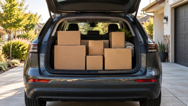 Moving boxes stored in the back of a vehicle parked outside a house in the daytime