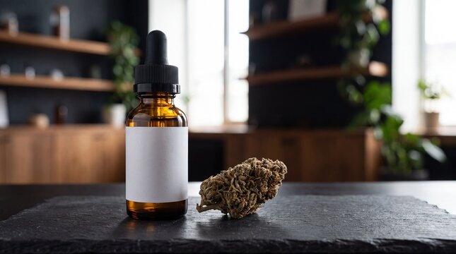 Premium Amber Glass Dropper Bottle with Hemp Flower on Slate for Wellness E-commerce