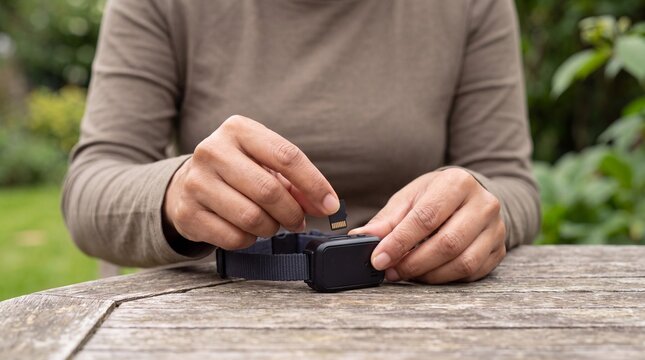 Indian Female Hands Inserting Micro SD Card into Cat Collar Camera on Wooden Table for Product Demo