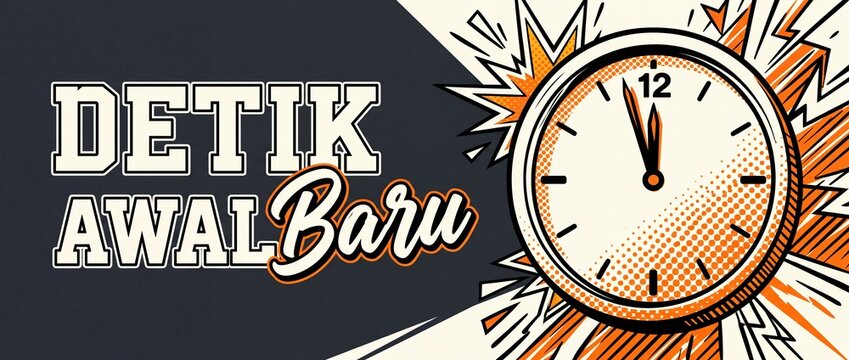 New Year countdown clock illustration in vintage comic pop art style with Indonesian text for new beginnings banner background design element for party posters, midnight celebration, and fresh start.