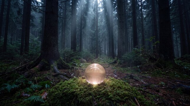 Glowing Glass Sphere on Mossy Forest Floor for Carbon Capture and Storage Business Presentation