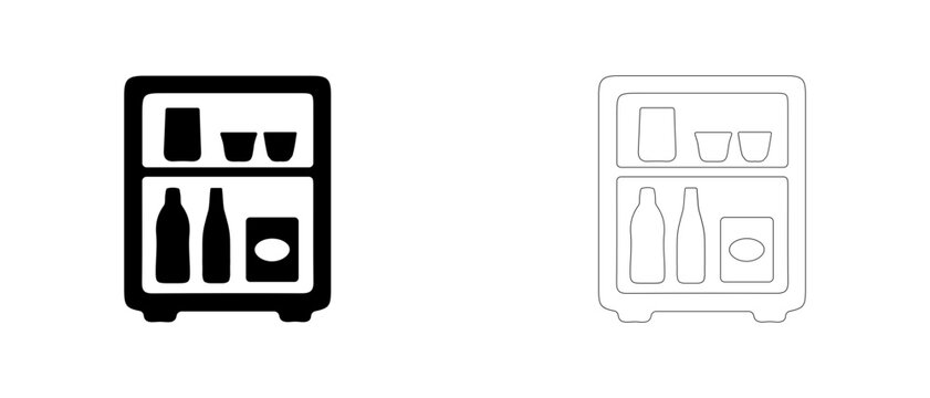 Open hotel mini bar fridge vector icon filled and outline, guest room refrigerator and beverage service symbol.