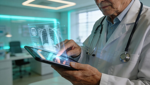 Senior doctor analyzing digital chest X ray displayed through futuristic holographic interface on tablet in modern medical clinic healthcare technology diagnostic imaging radiology medicine artificial