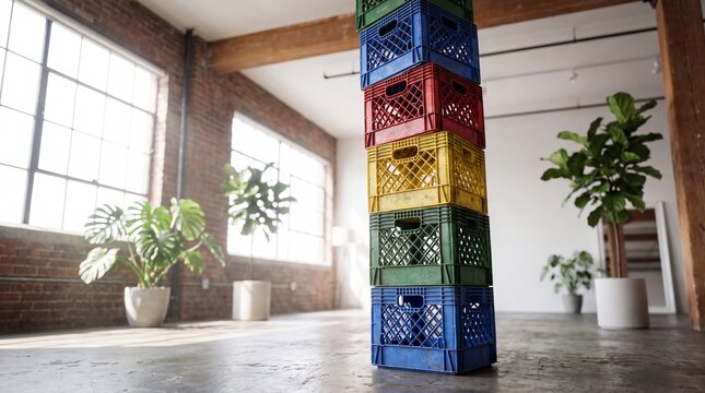 Precarious Stack of Colorful Plastic Milk Crates in Loft for Editorial Lifestyle Banner