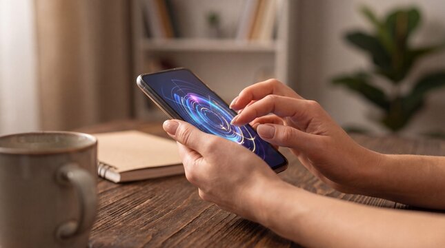 Female Hands Using Smartphone for Secure DeFi Crypto Wallet Transactions on Modern Desk