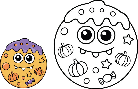 Cute cartoon cookie with face and pumpkin decorations for kids coloring page cartoon monster halloween treat kids activity funny character pumpkin art