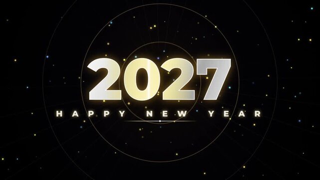 Happy New Year 2027 futuristic golden typography animation with glowing particles on black background