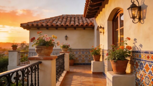 Luxury Spanish style terrace overlooking scenic landscape during golden sunset featuring colorful ceramic tiles terracotta roof elegant stucco walls wrought iron railing decorative lanterns flowering 