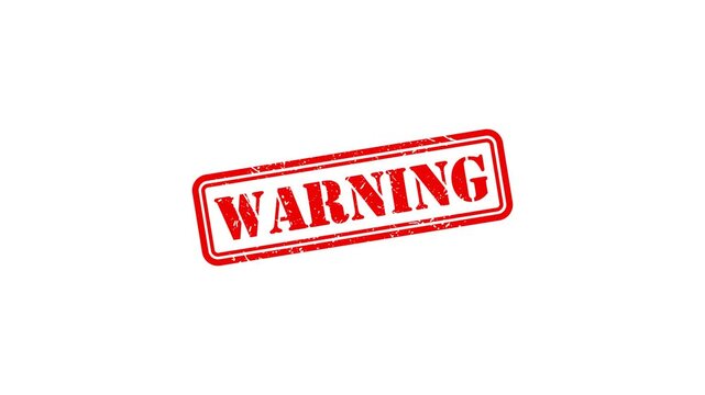 Red warning rubber stamp impression animation on white background, alert