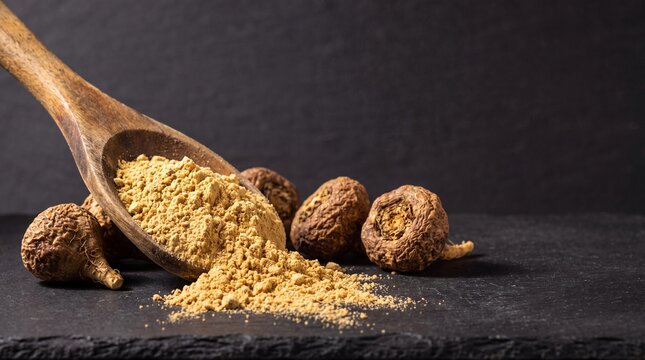 Golden Maca Root Powder Spilling from Wooden Spoon on Dark Slate for Wellness Supplement Branding