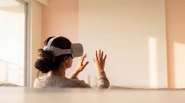 Indian Woman in VR Headset Gesturing in Minimalist Home for Metaverse Lifestyle Banner