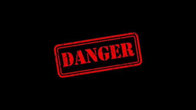 Red danger rubber stamp effect on black background, warning sign animation caution