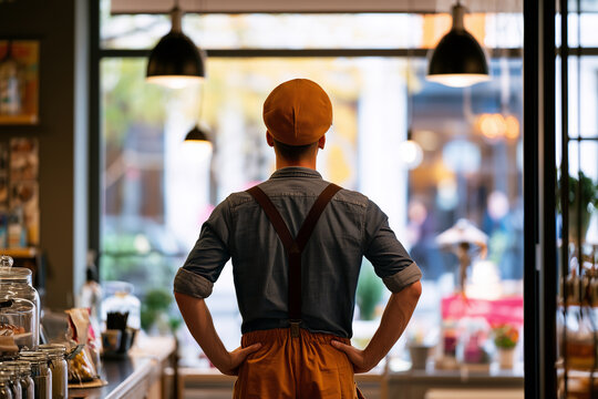 Small business owner in local shop European entrepreneurship concept. Owner of local shop standing, seen from behind.