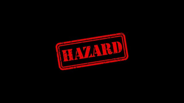 Hazard red rubber stamp impression on black background, industrial safety warning sign animation danger