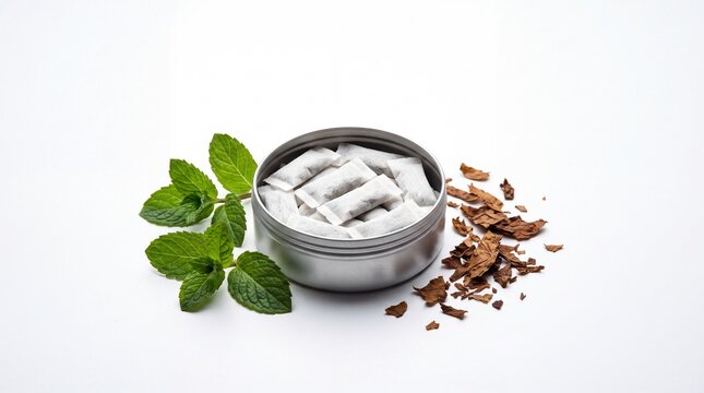 Open Snus Tin with White Pouches and Mint Leaves on White Background for E-commerce Banner