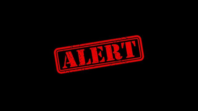 Red alert rubber stamp animation on black background, warning sign motion for emergency notification and security alerts