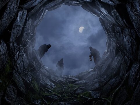 Three cloaked figures stand at the edge of a dark, rocky well, looking down under a cloudy night sky illuminated by a crescent moon.