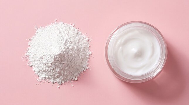 Pure Zinc Oxide Powder and Cosmetic Cream Jar on Pink Background for Skincare Advertising