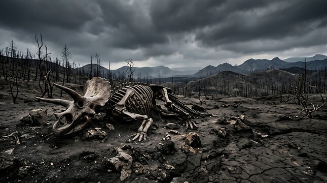 A large triceratops dinosaur skeleton lying on the dry ground in a dark and barren prehistoric landscape at sunset