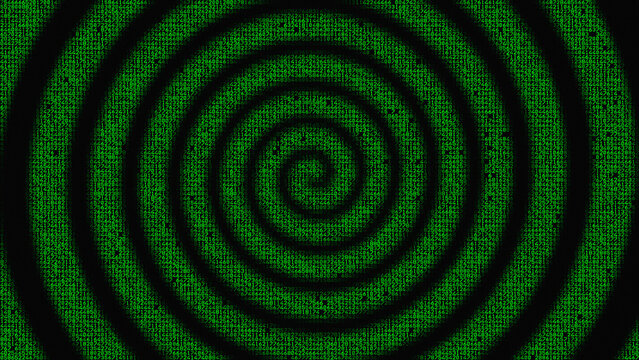 Hypnotic spiral of glowing green numbers forming concentric rings on dark screen. Matrix-style code swirls create mesmerizing effect for technology, hacking and sci-fi themed projects.