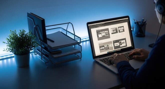 Creative Designer Working On Laptop In A Dark Office With Blue Lighting