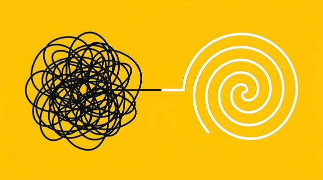A messy black scribble line transforming into a neat white spiral shape on a bright yellow background for design