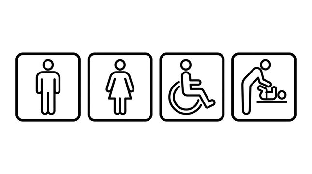 Set of public restroom signs including male female wheelchair accessible and baby changing station line icons