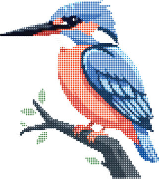 Pixel art kingfisher bird on branch, retro 8-bit style avian illustration, blue and orange wildlife vector graphic
