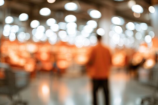 Soft focus shot of person in orange jacket walking through brightly lit aisle