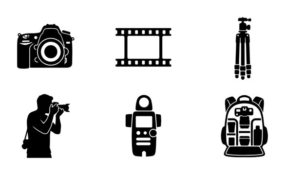 Photography Icons Set: Camera, Film Strip, Tripod, Photographer, Light Meter, Backpack Vector Graphics