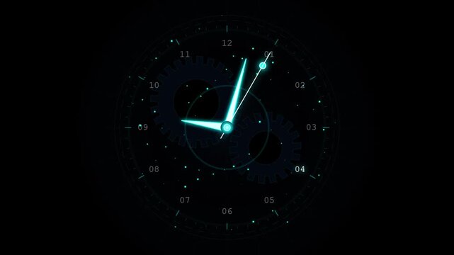 Digital clock interface with glowing neon hands and mechanical gears on a dark background